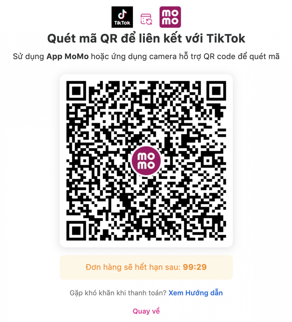 Quét mã qr momo để liên kết với tài khoản tiktok